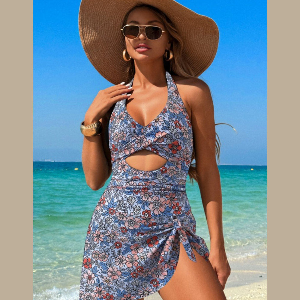 Cutout Printed Halter Neck One-Piece Swimwear
