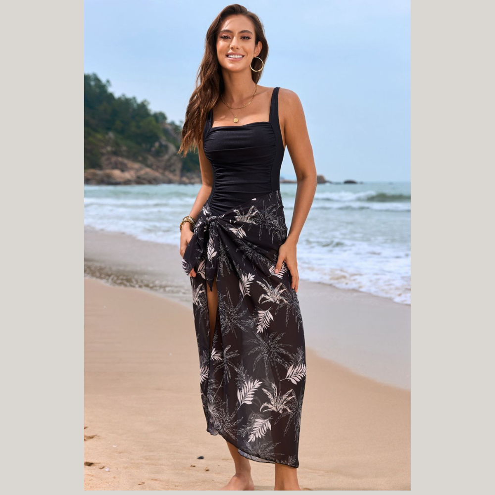 Square Neck Printed One-Piece Swimwear and Cover Up Swim Set