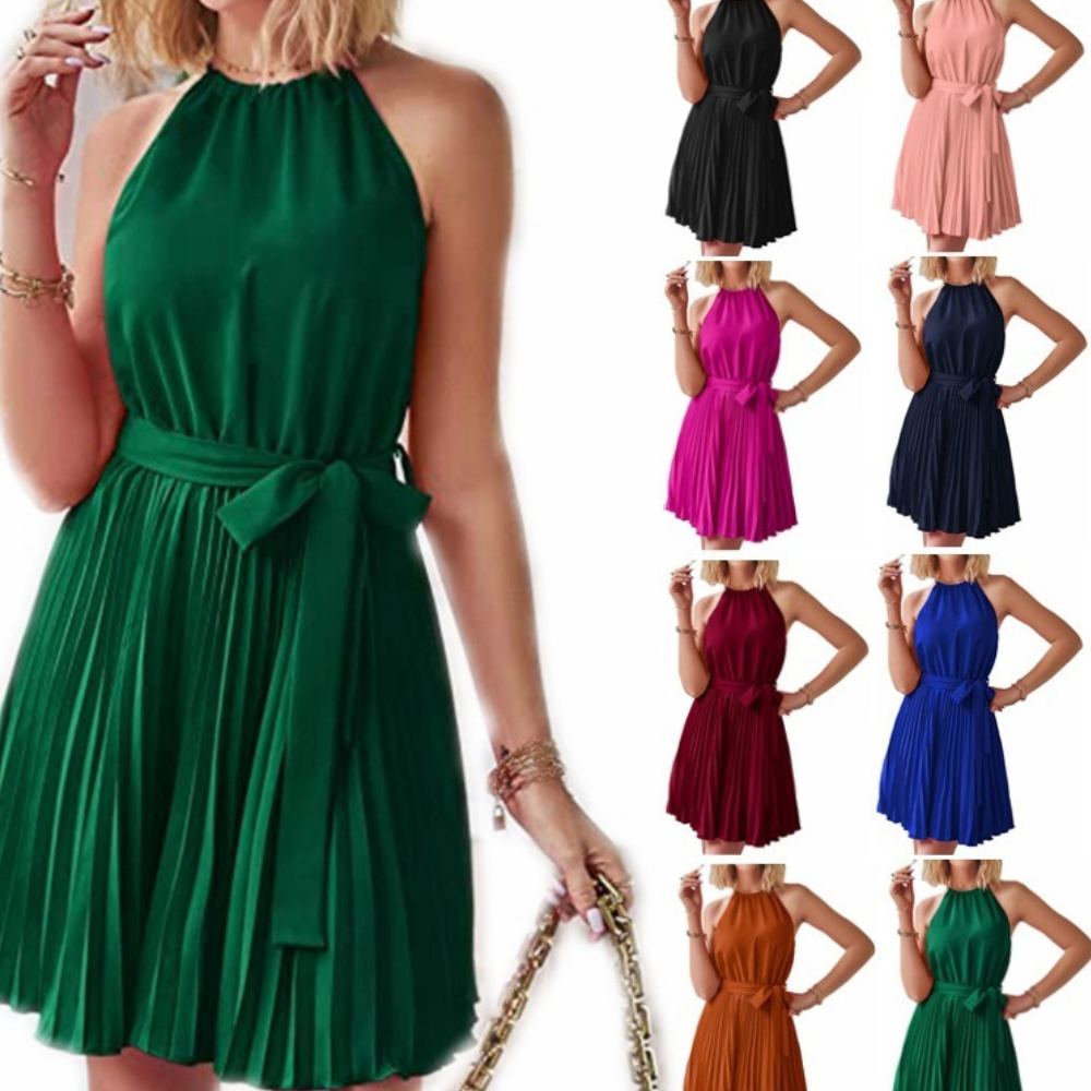 Halter Strapless Dresses For Women Solid Pleated Skirt Summer Beach Sundress