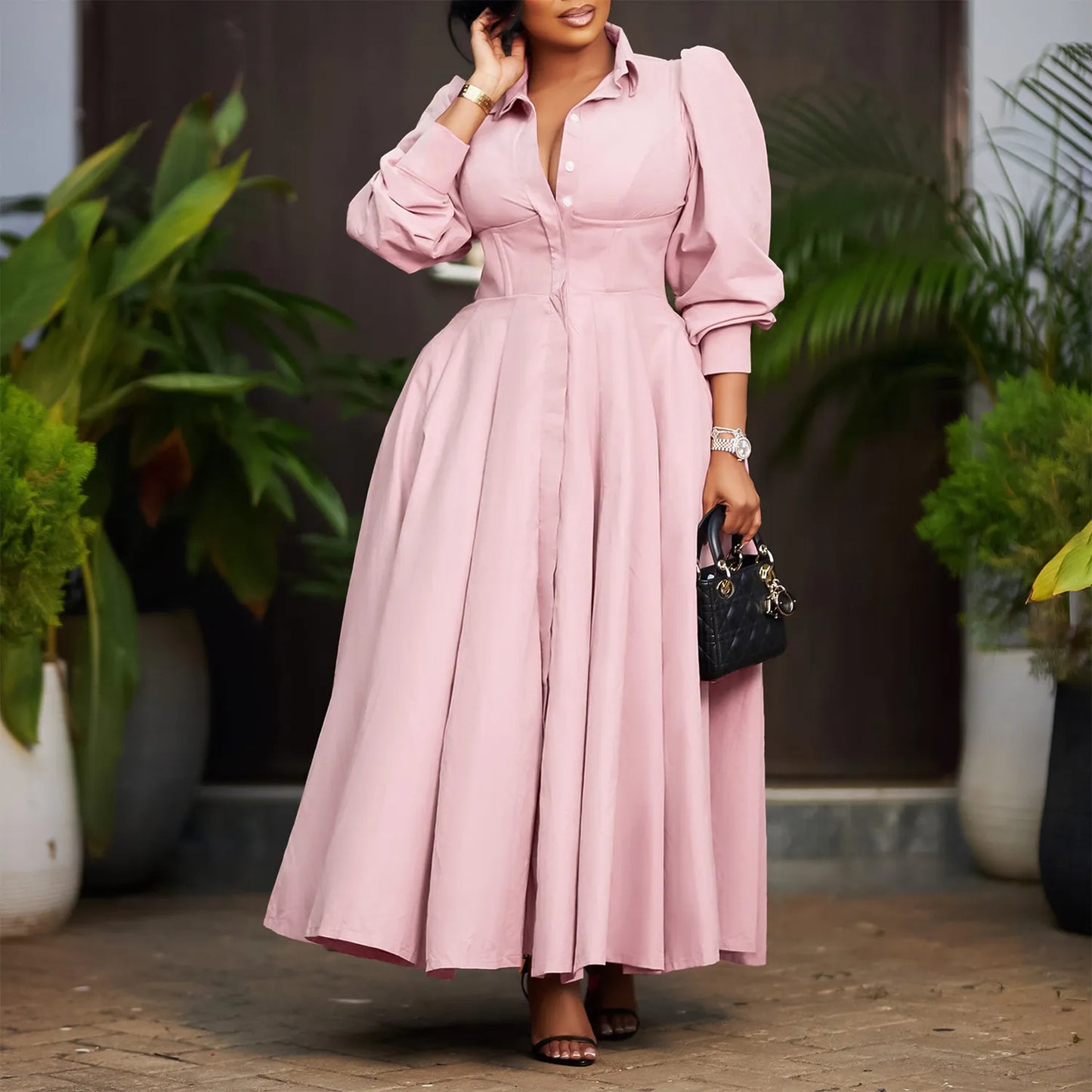 Women's Elegant Long Sleeve Big Hem Shirt Solid Color Dress