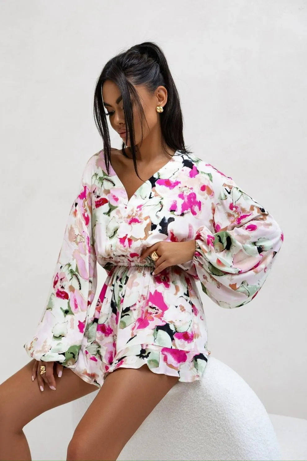 Printed V-neck Long Sleeve Jumpsuit