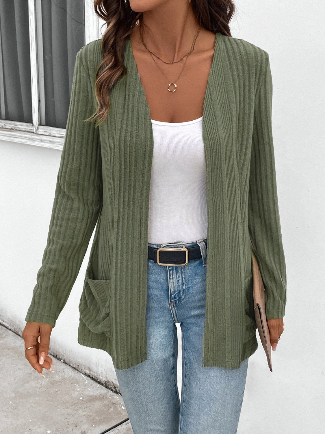 Open Front Long Sleeve Cardigan with Pockets