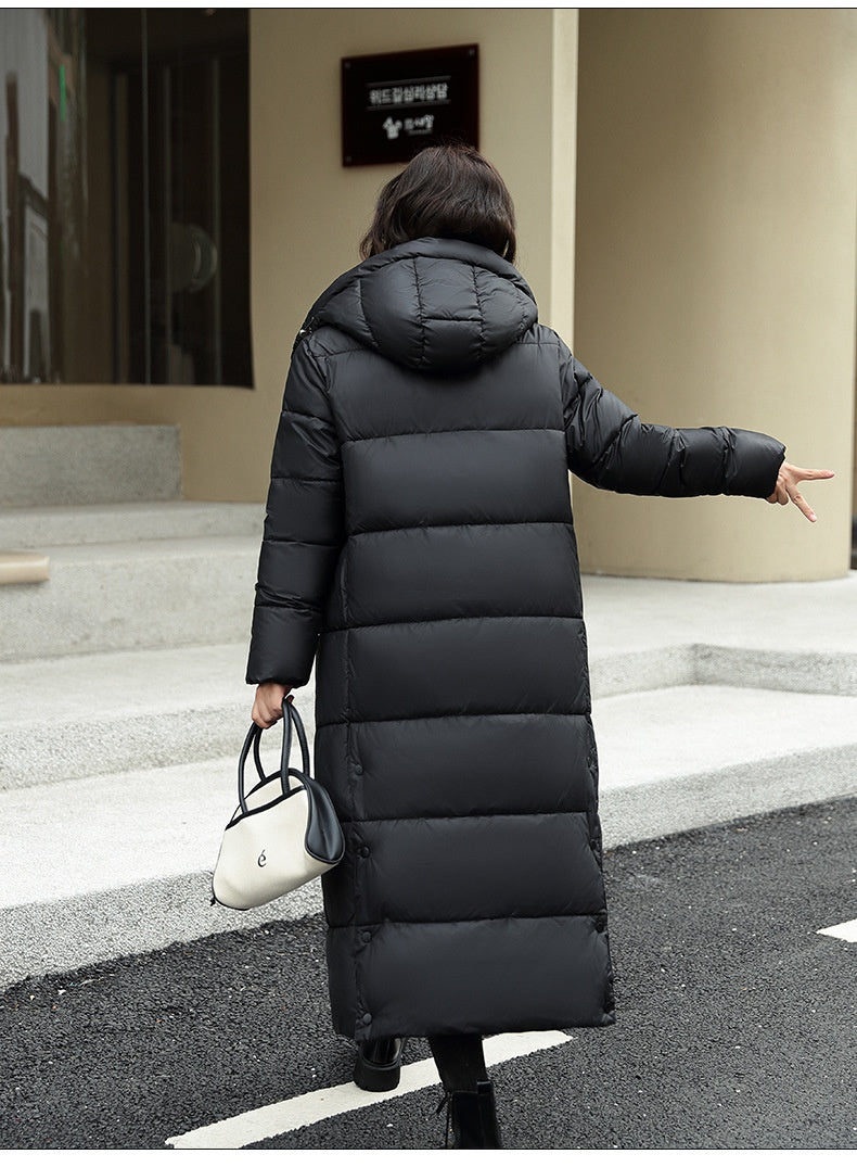 Women's Super Long Down Jacket Winter Puffer Thick Coat Black Red Hooded Zipper Keep Warm Fall Winter Casual Clothes