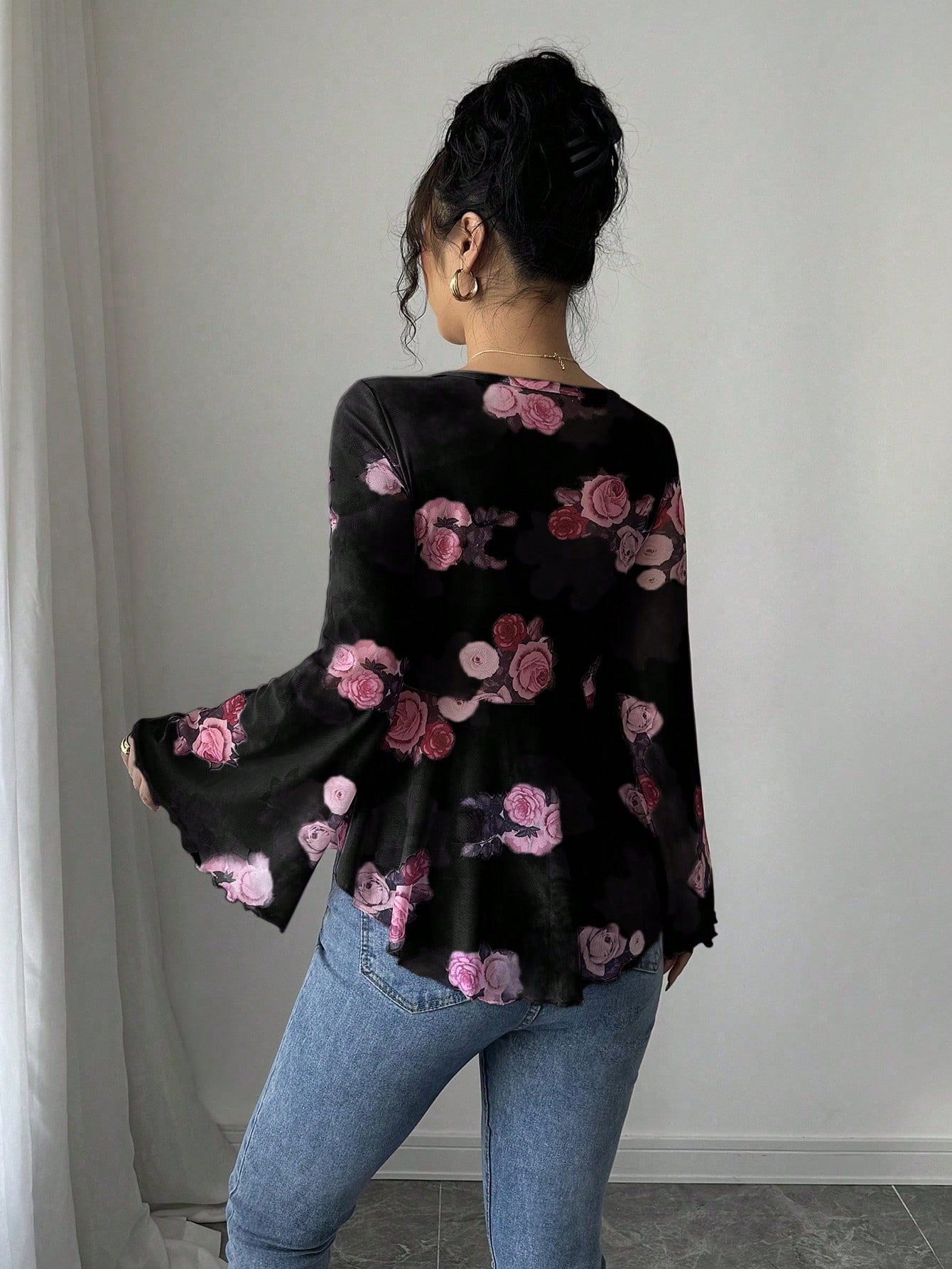 European And American Design Sense French Sweet Flower Blooming Lace-up Square Collar Long Sleeve Shirt
