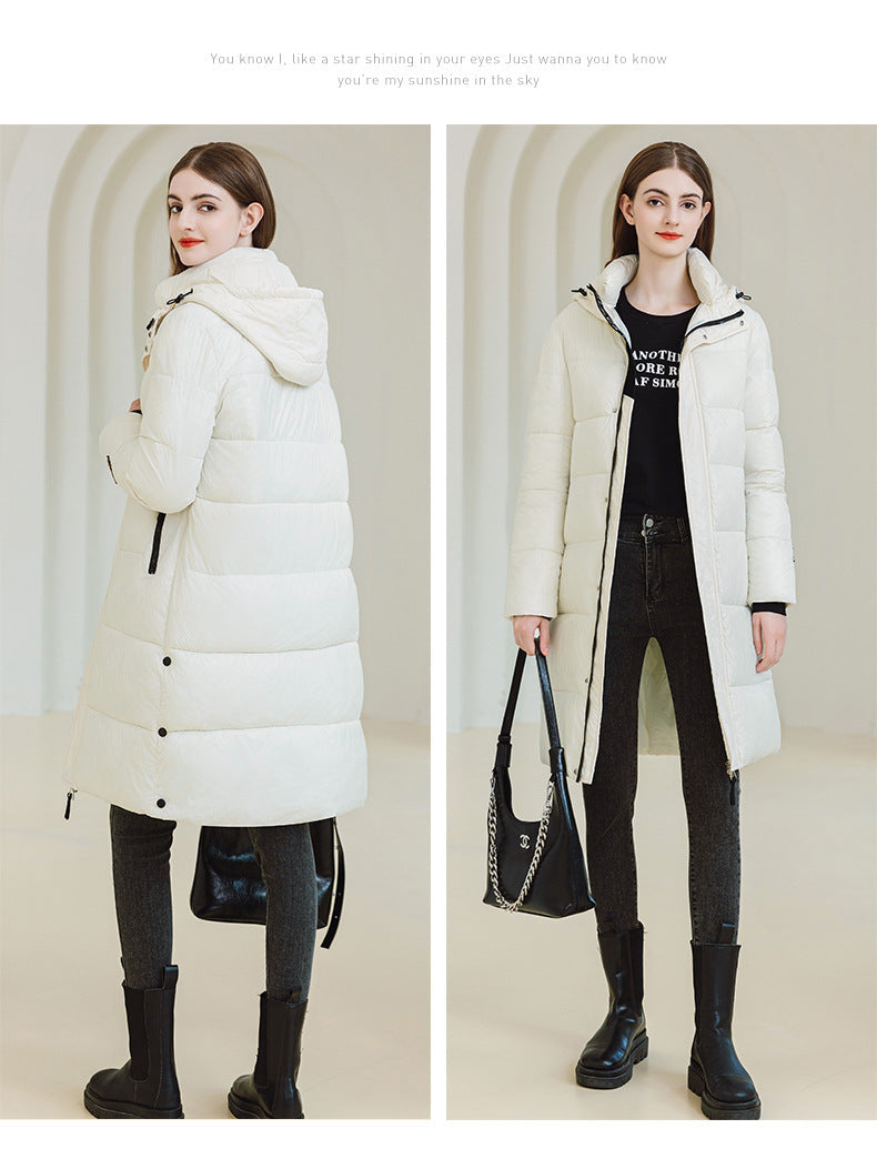 Winter Warm Hooded Coat With Pockets Fashion Simple Long Cotton Jacket Solid Color Outwear Women's Clothing