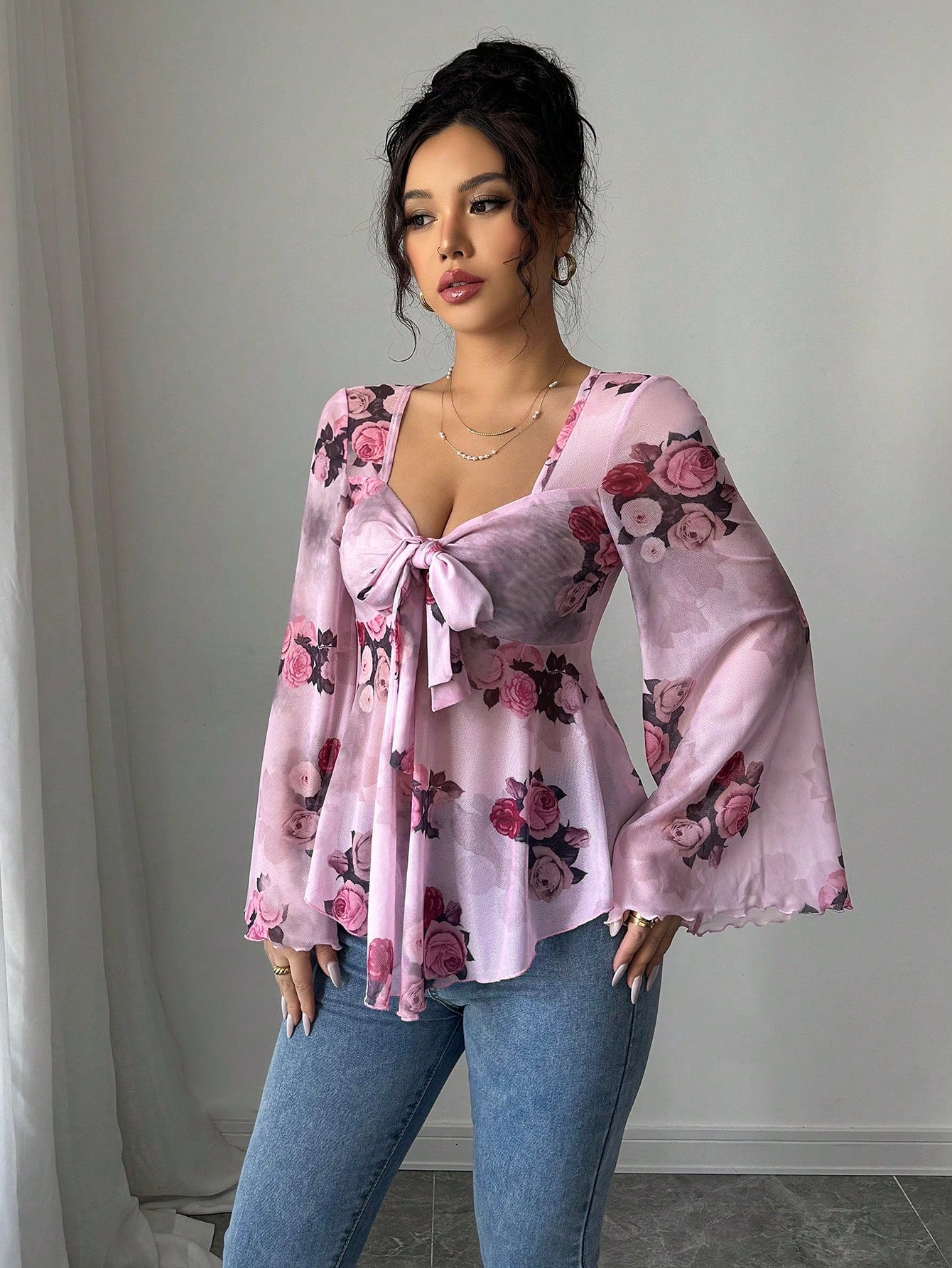 European And American Design Sense French Sweet Flower Blooming Lace-up Square Collar Long Sleeve Shirt