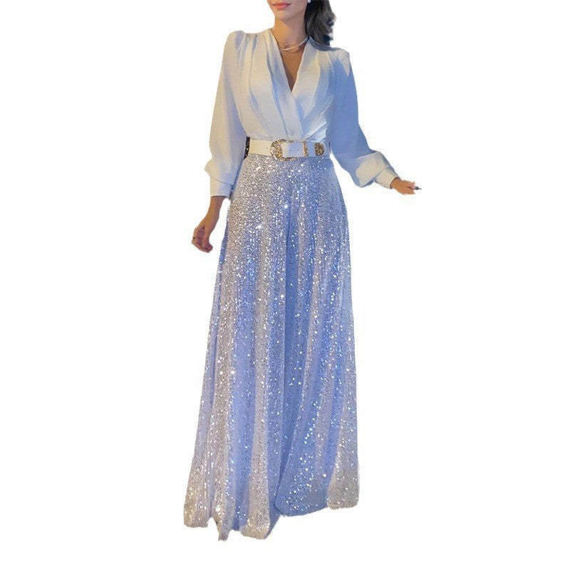 V-neck Elegant Waist Slimming Sequined Ladies