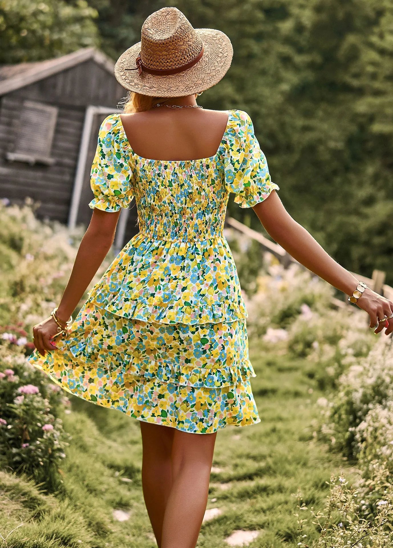 Floral Ruffle Summer Dress Short Sleeve Off Shoulder Mini Dress Beach