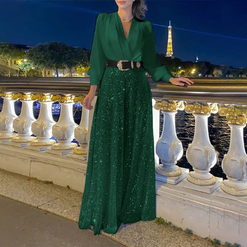 V-neck Elegant Waist Slimming Sequined Ladies