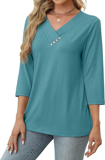 European And American New Autumn Women's Clothing Button V-neck Fashion Casual Sleeve T-shirt