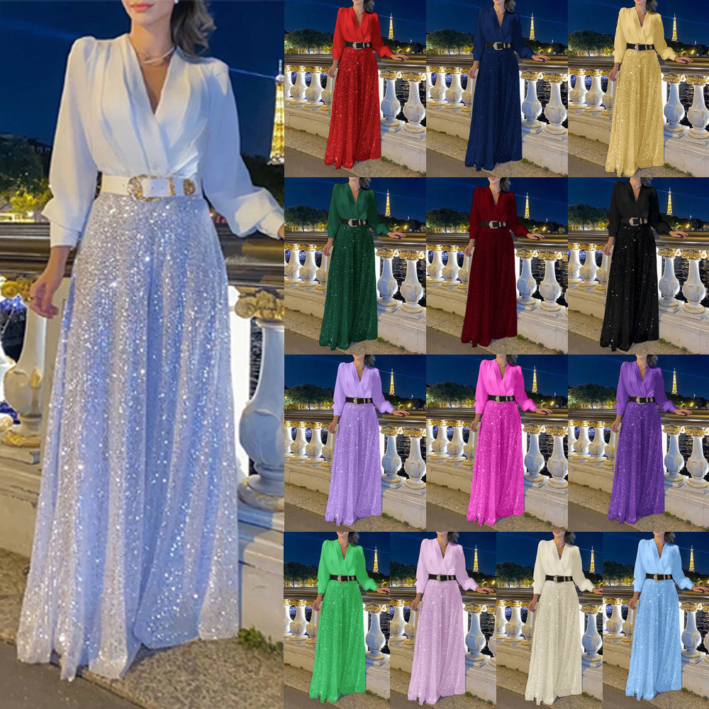 V-neck Elegant Waist Slimming Sequined Ladies