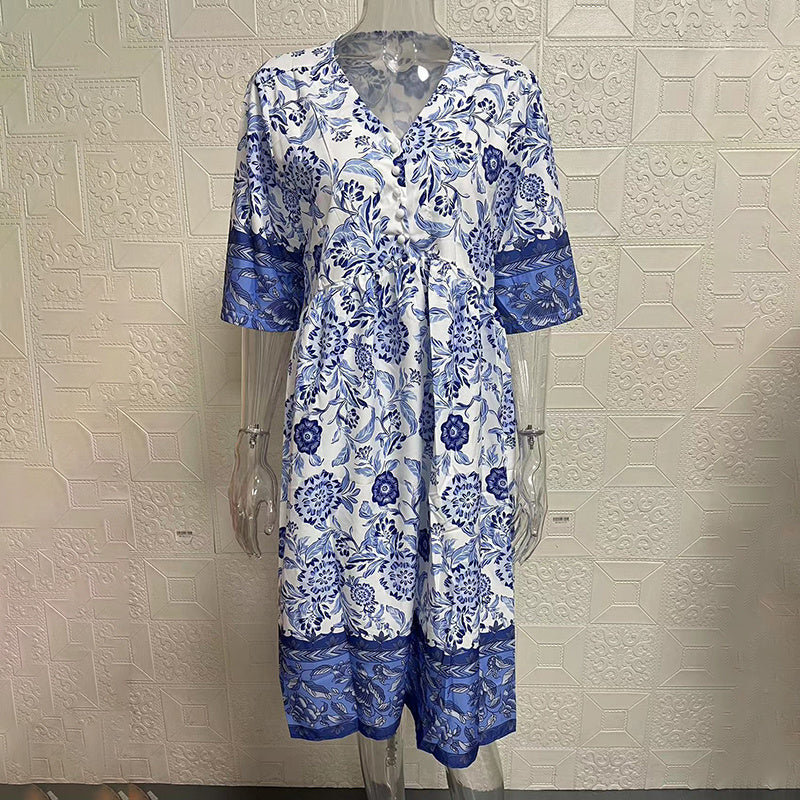 Women's Plus Size V-Neck Floral Print Dress - Loose Fit Casual Spring Summer Dress - Free USA Shipping