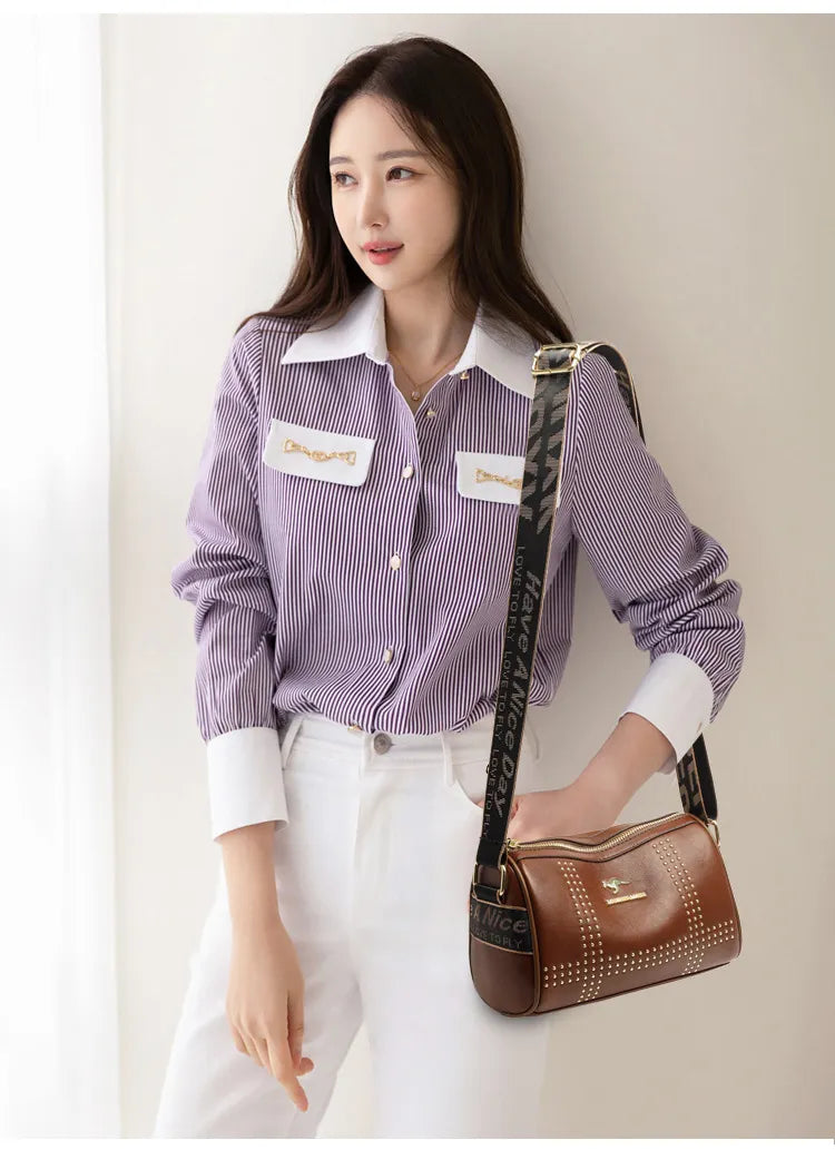 Color Contrast Patchwork Rivet Crossbody Soft Leather Shoulder Bag