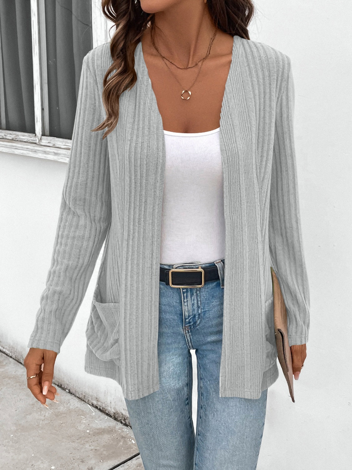 Open Front Long Sleeve Cardigan with Pockets