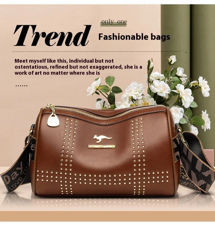 Color Contrast Patchwork Rivet Crossbody Soft Leather Shoulder Bag