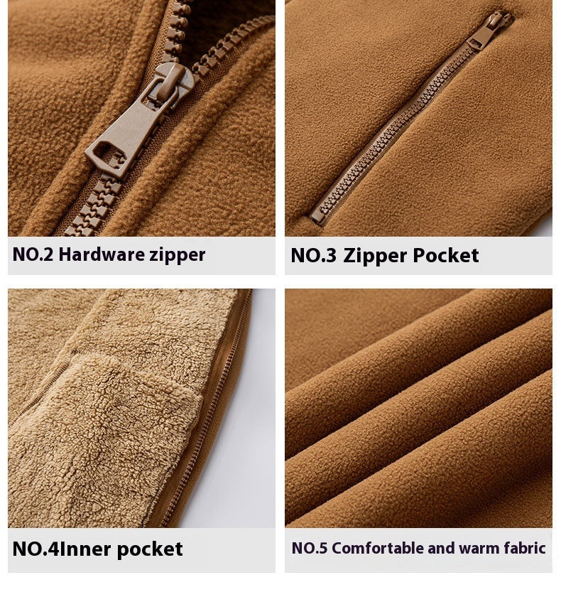 Autumn And Winter New Cold-proof Warm With Velvet Thickening Stand Collar Fleece Sweater Men's Shell Jacket