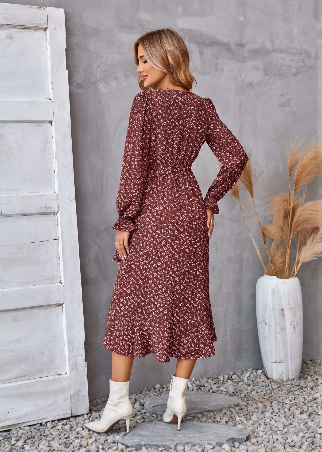 Flowers Print Long Sleeve Dress Fashion Ruffled Commuter Temperament Dresses Womens Clothing
