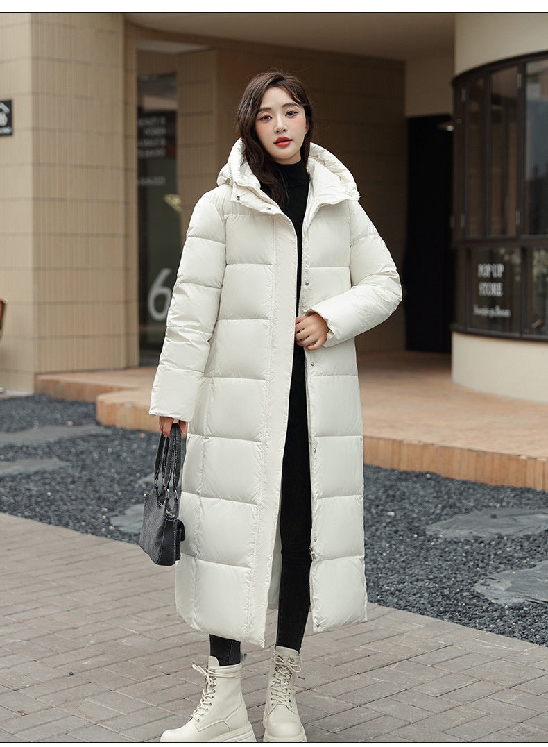Women's Super Long Down Jacket Winter Puffer Thick Coat Black Red Hooded Zipper Keep Warm Fall Winter Casual Clothes