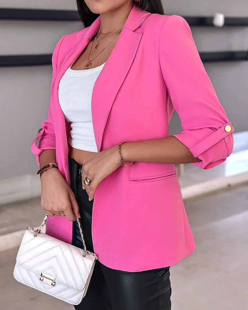 Women's Casual Rolled Sleeves Blazer With Pockets
