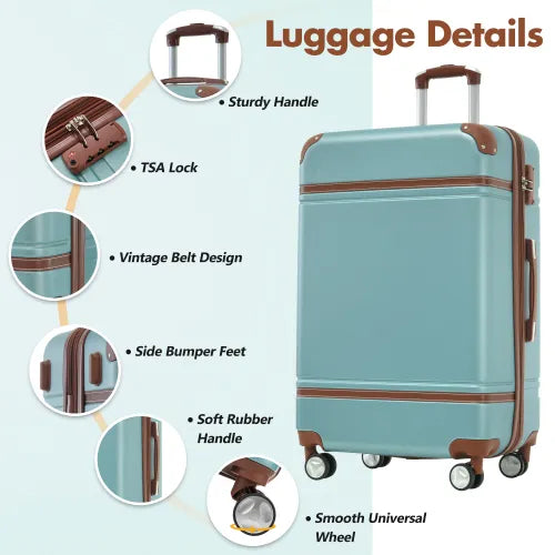 Hardshell Luggage Sets With Bags Lightweight Suitcase Double Spinner Wheels With TSA Lock ,Single Vintage Luggage 24 IN,Green-FREE USA SHIPPING