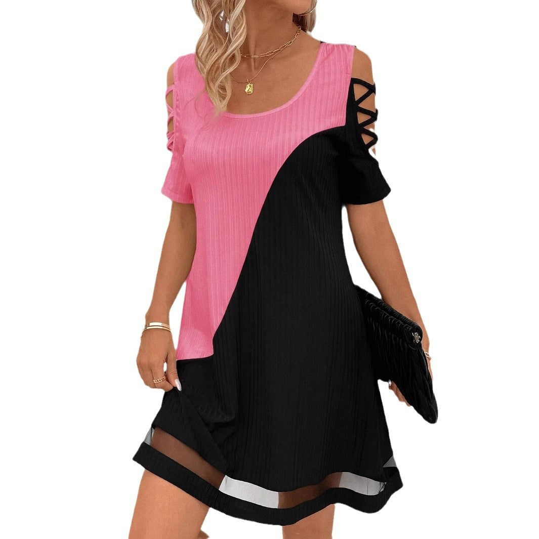 Women's Color Matching Hollow Out Mesh Midi Dress
