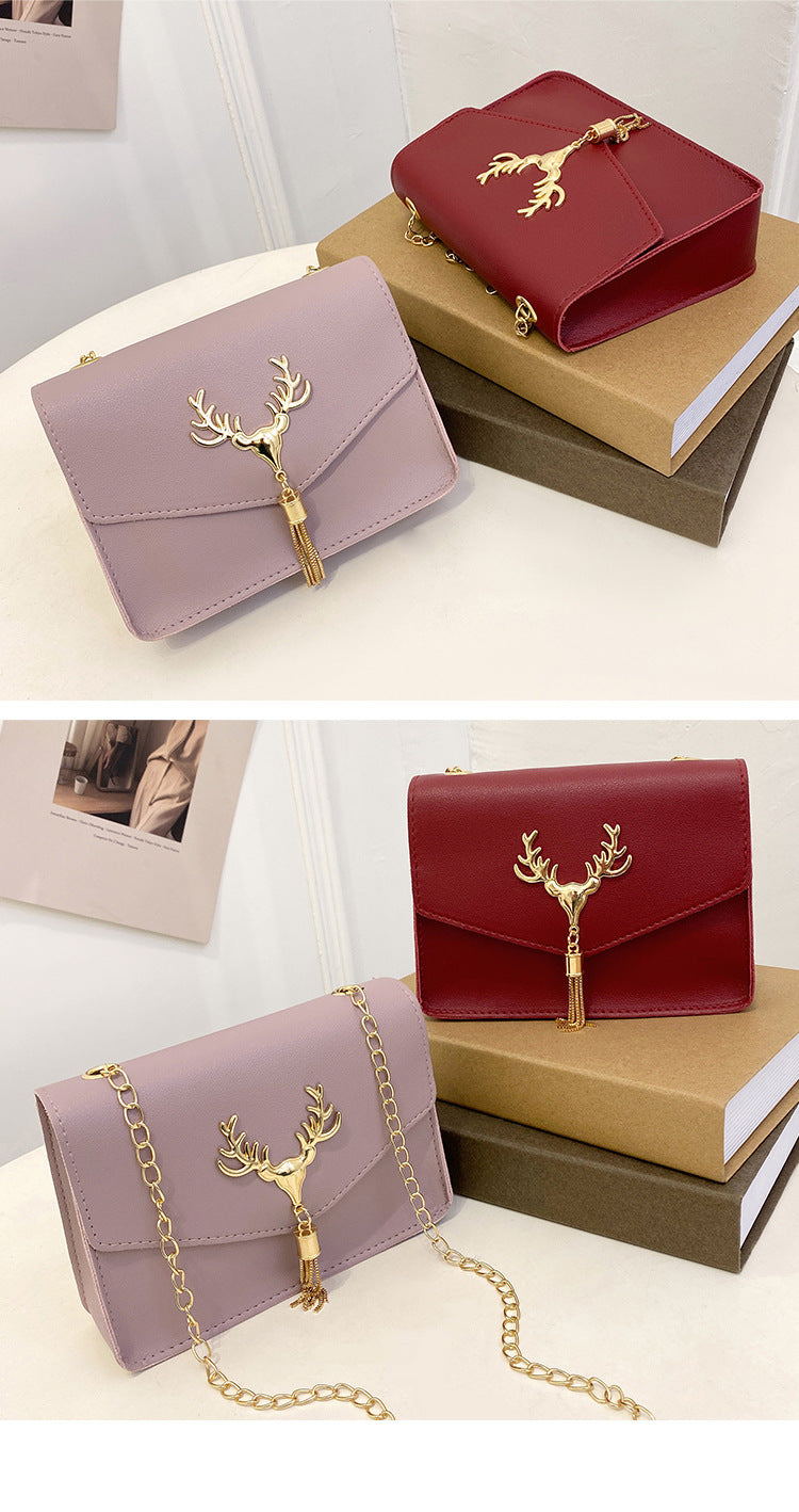 Tassel Deer Head Contrast Color Chain Small Square Leisure Phone Bag