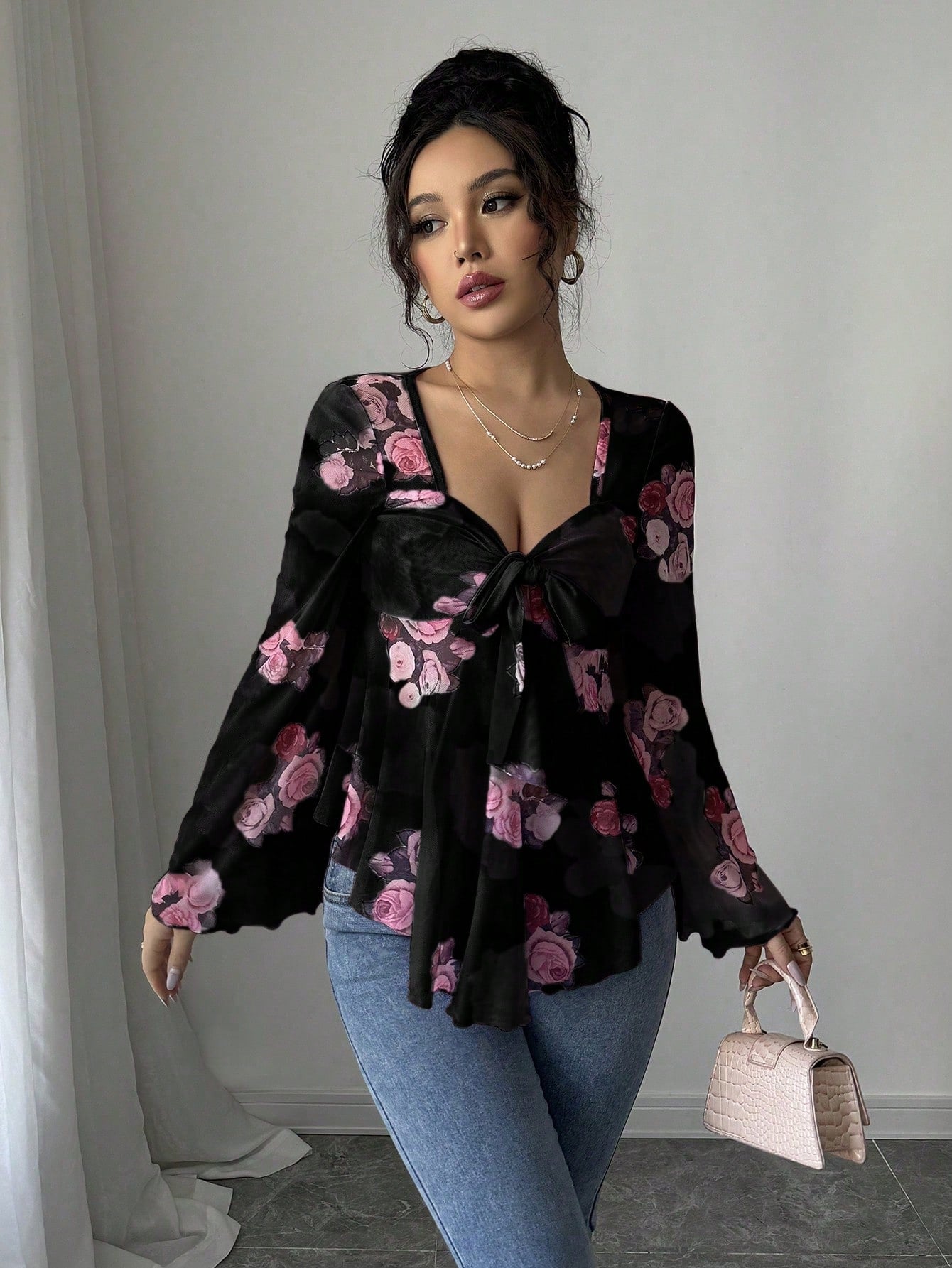 European And American Design Sense French Sweet Flower Blooming Lace-up Square Collar Long Sleeve Shirt