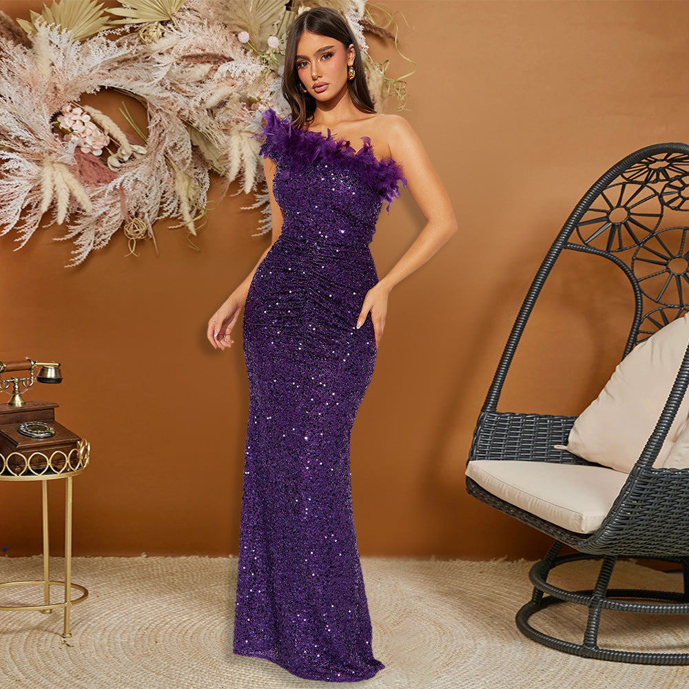 Feather Stitching Sequin Sexy Evening Dress Women