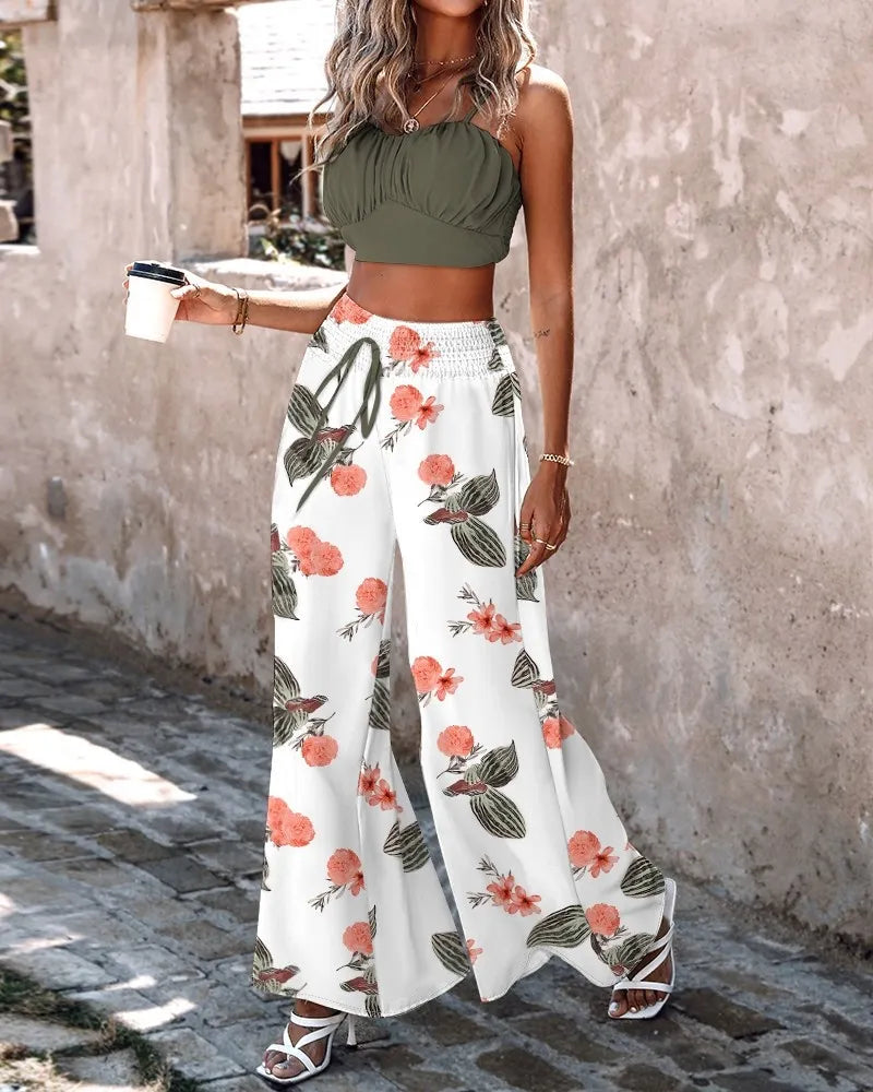 Summer New Commuter Two-piece Printed Lace-up Wide-leg Pants Suit