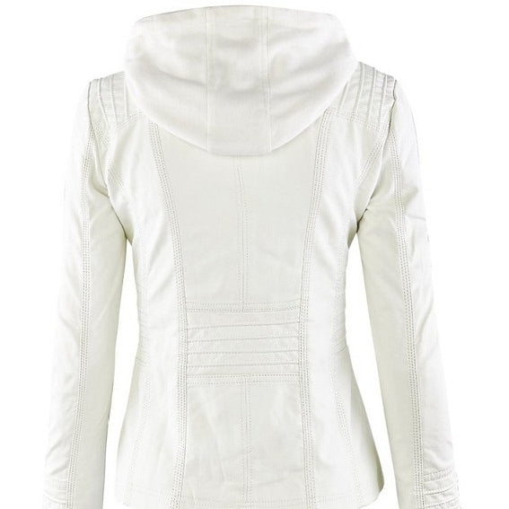 Women's Detachable Lapel Long Sleeve Solid Color Zipper Leather Jacket Coat