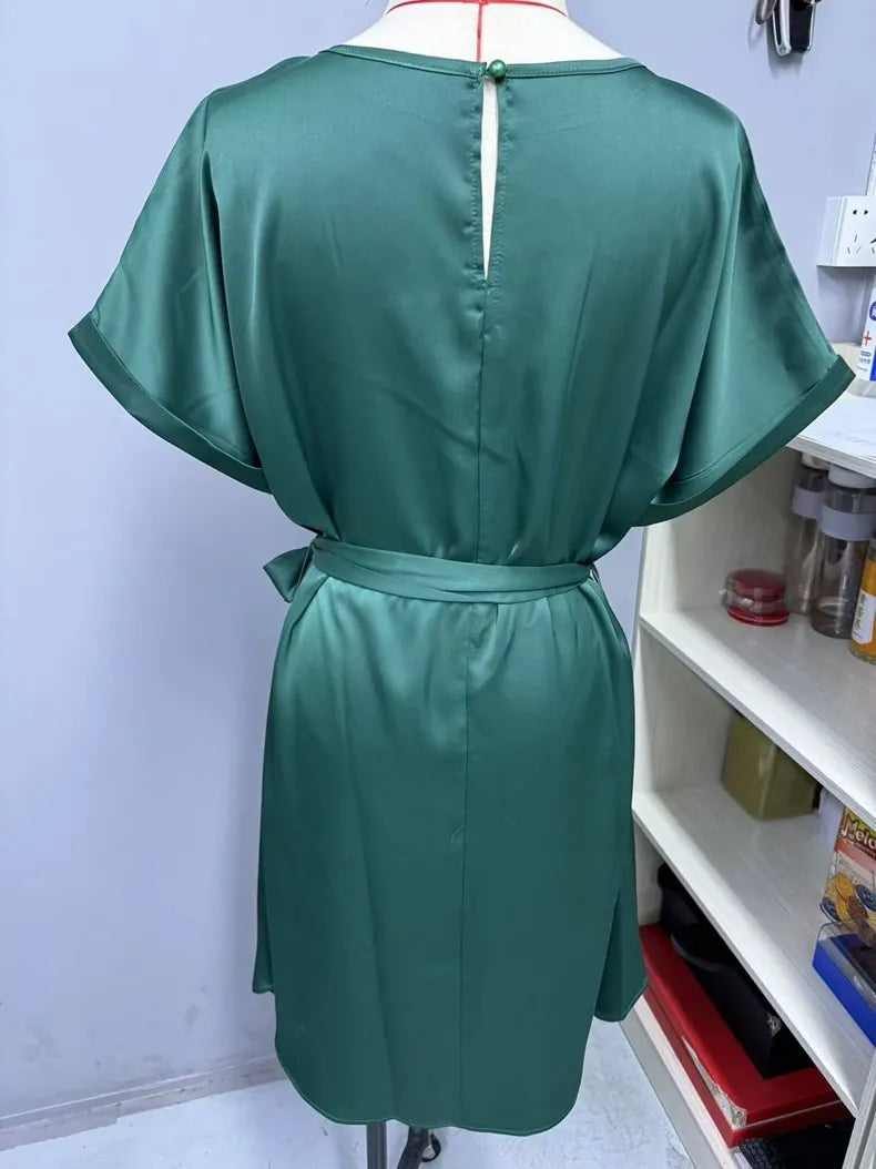 Lace-up Waist Short Sleeve Satin Dress