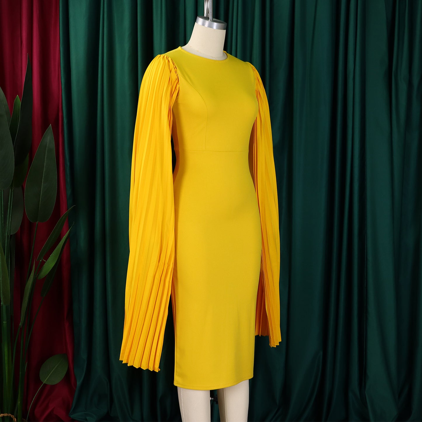 Round Neck Pleated Shawl Banquet Party Evening Gown