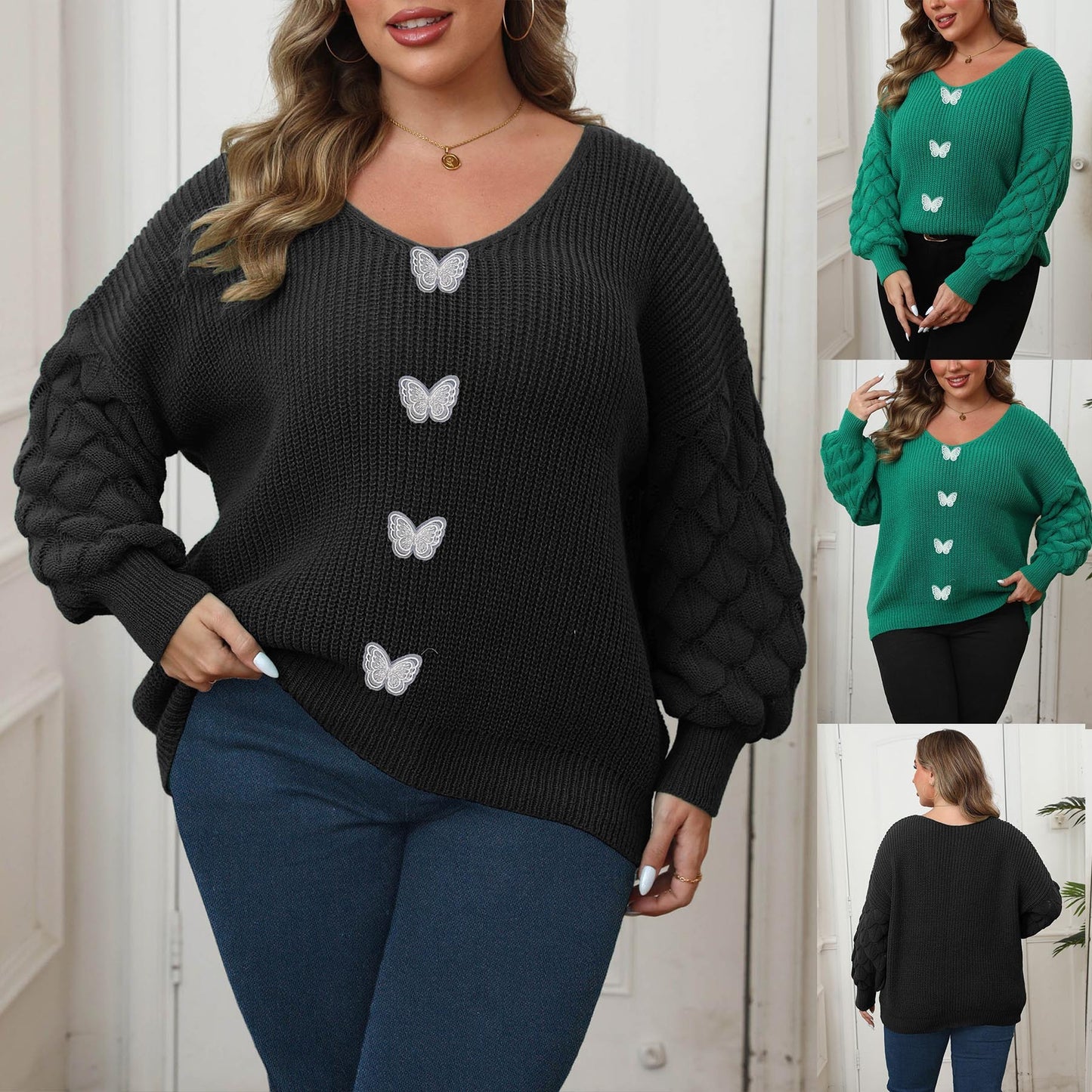 Plus Size Women's Pineapple Sleeve Stitching Deep V Woven Lace Butterfly Sweater