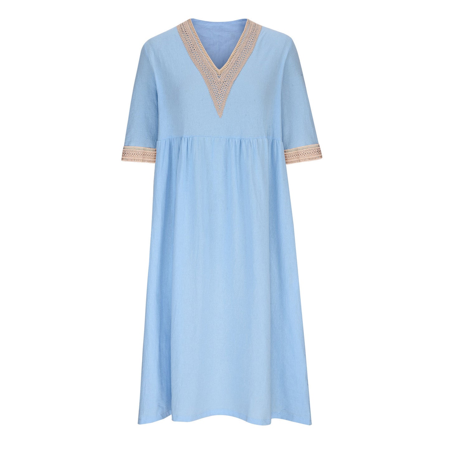 Cotton And Linen Lace Collar Half Sleeve Mid-length Dress