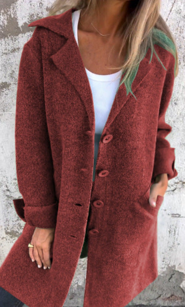 Apel Single Breasted Cardigan With Pockets Fashion Color Solid Mid-Length Outwear Coat Womens Clothing