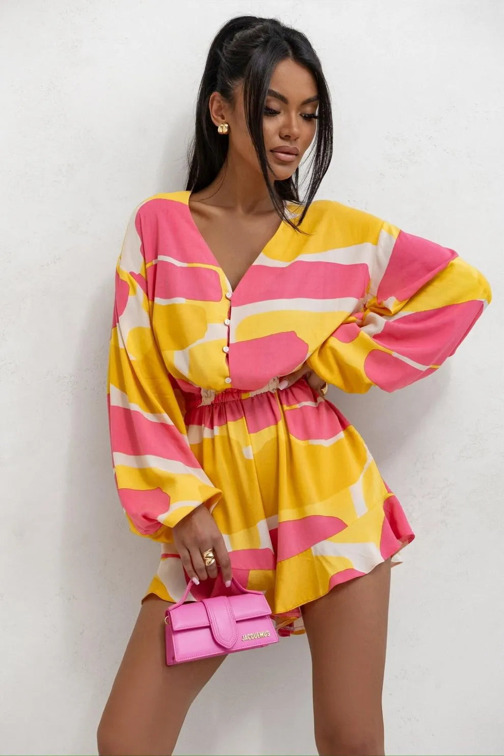 Printed V-neck Long Sleeve Jumpsuit