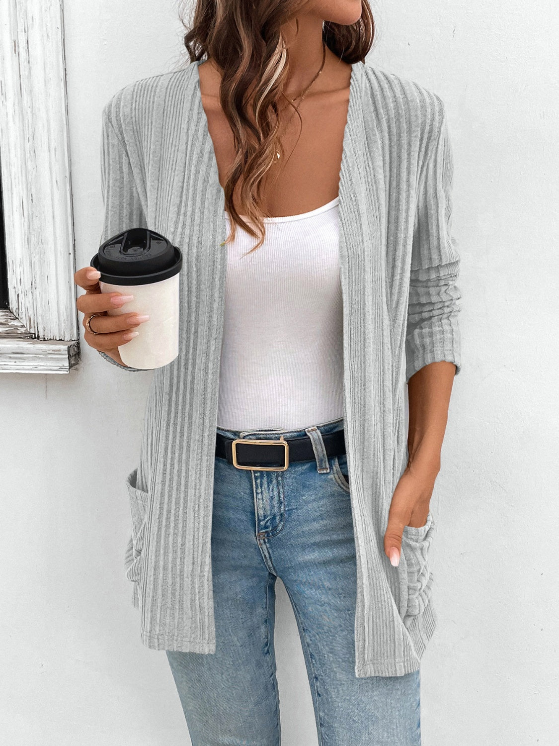 Open Front Long Sleeve Cardigan with Pockets