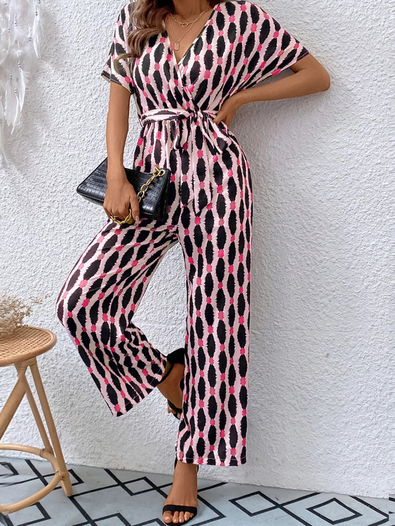Printed Surplice Tie Waist Short Sleeve Jumpsuit