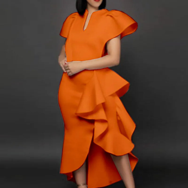 High Waist Irregular Elegant V-neck Flounce Dress