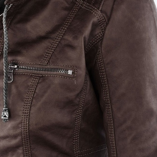 Women's Detachable Lapel Long Sleeve Solid Color Zipper Leather Jacket Coat
