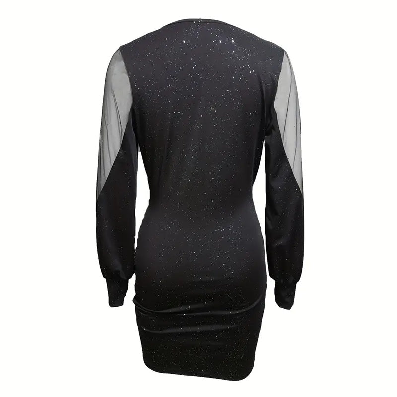 Women's Sexy Deep V-Neck Ruched Bodycon Mesh Long Sleeve Sparkling Party Dress - Free USA Shipping