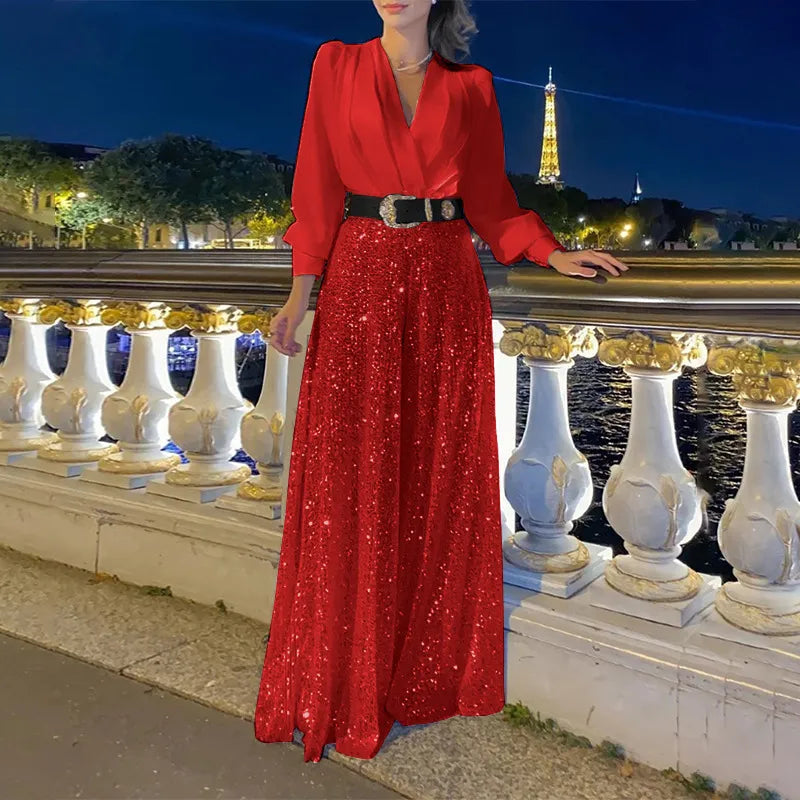 V-neck Elegant Waist Slimming Sequined Ladies