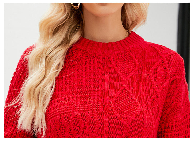 Casual Round-neck Pullover Sweater Fall Winter Solid Color Cable-knot Pattern Tops Women Clothing