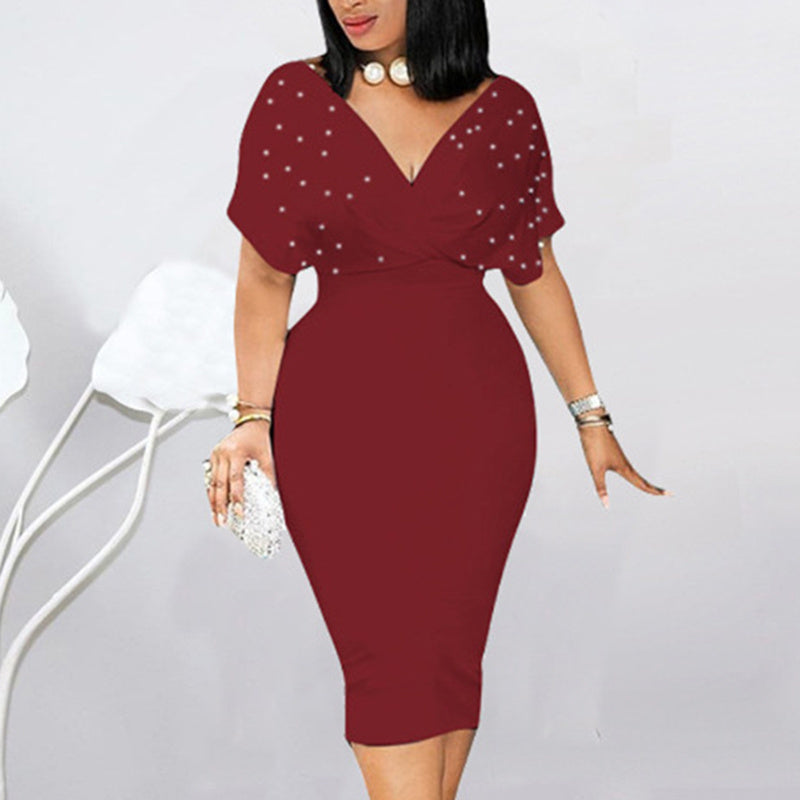 Women's Elegant Deep V Neck Wrap Bodycon Dress Back Zipper Pencil Midi Dress-FREE USA SHIPPING