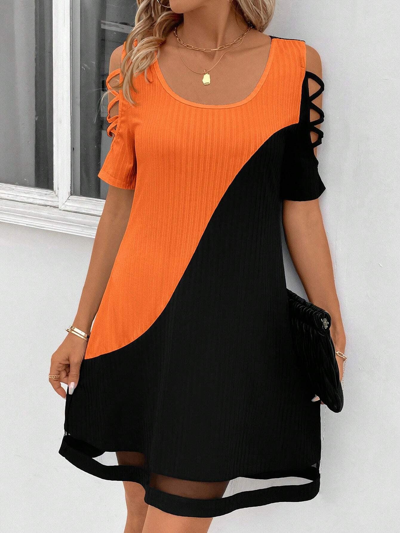 Women's Color Matching Hollow Out Mesh Midi Dress