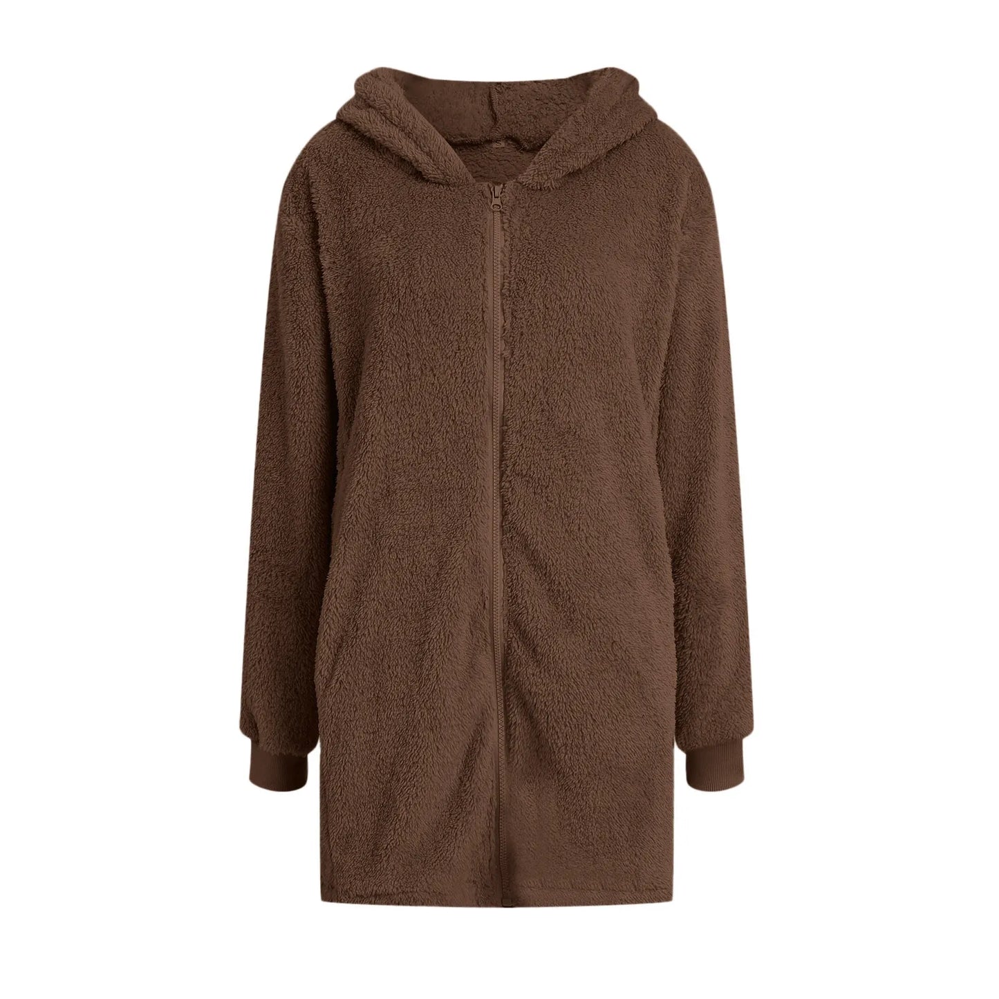 Loose Plush Women's Long Sleeve Hooded Zip Cardigan Coat