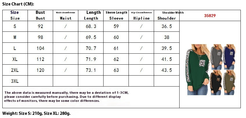 Long Sleeve Leopard Splicing Top Pocket Round Neck Pullover