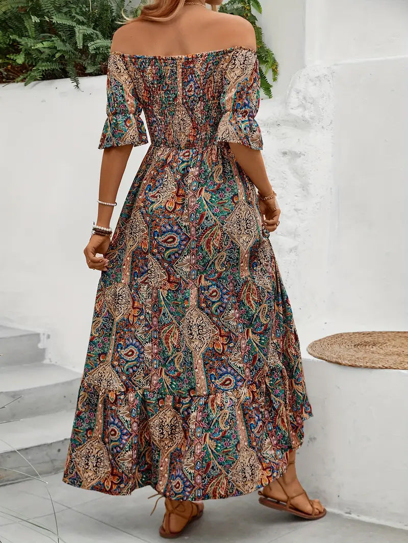 Vacation Style Off-shoulder Princess Sleeves Dress