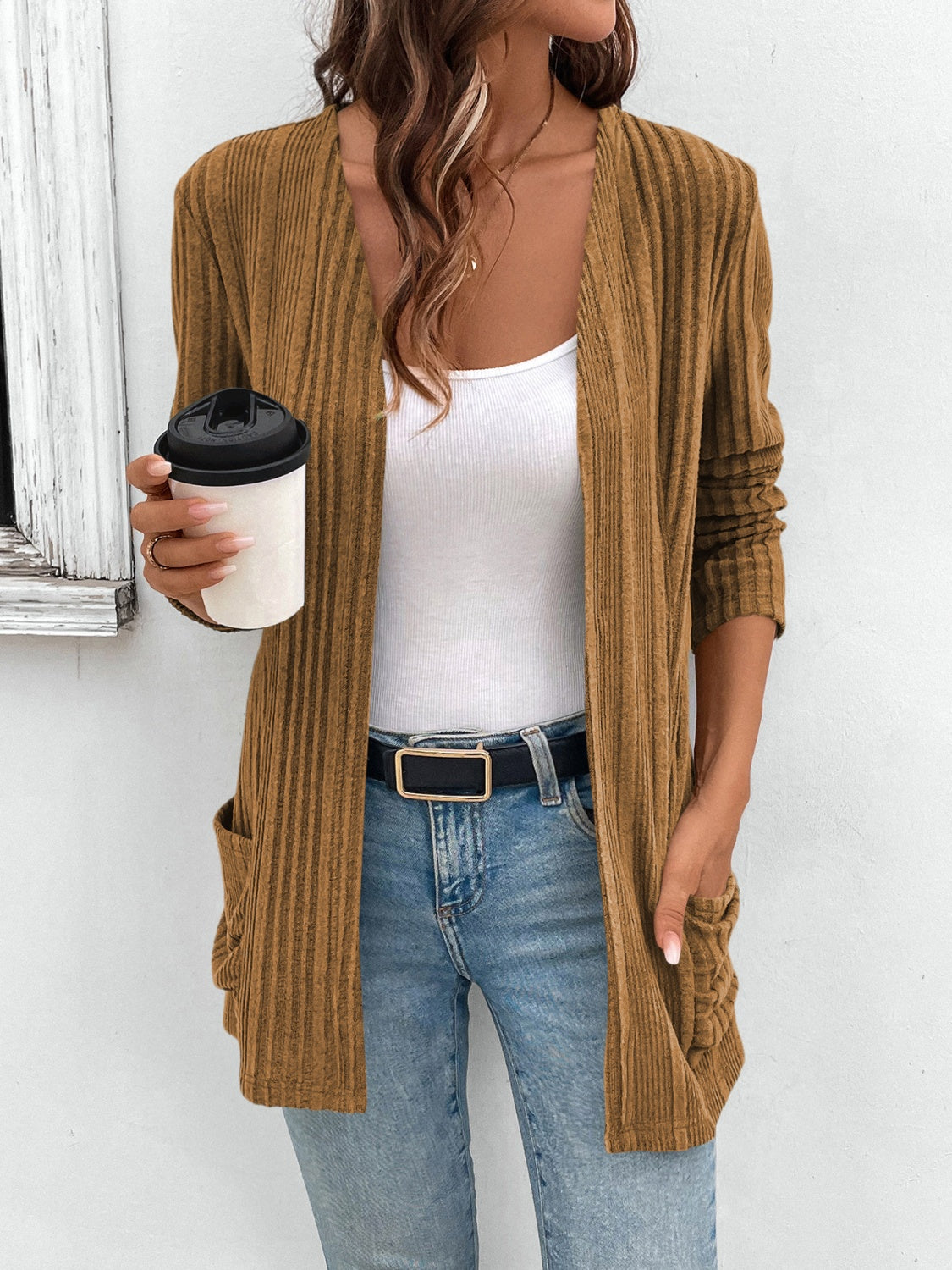 Open Front Long Sleeve Cardigan with Pockets