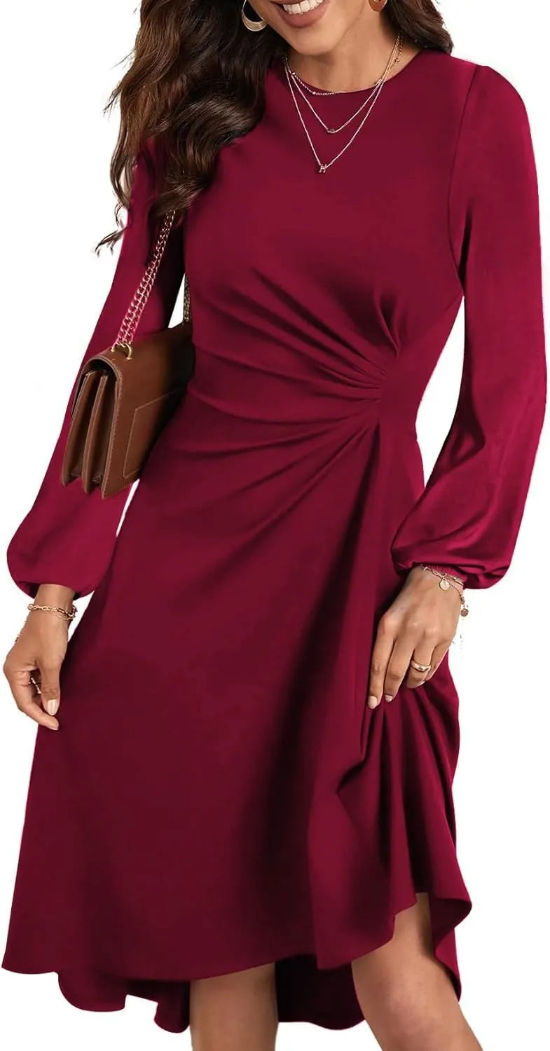 European And American Round Neck Pullover Fashion Long Sleeve Slim Fit Slit Dress